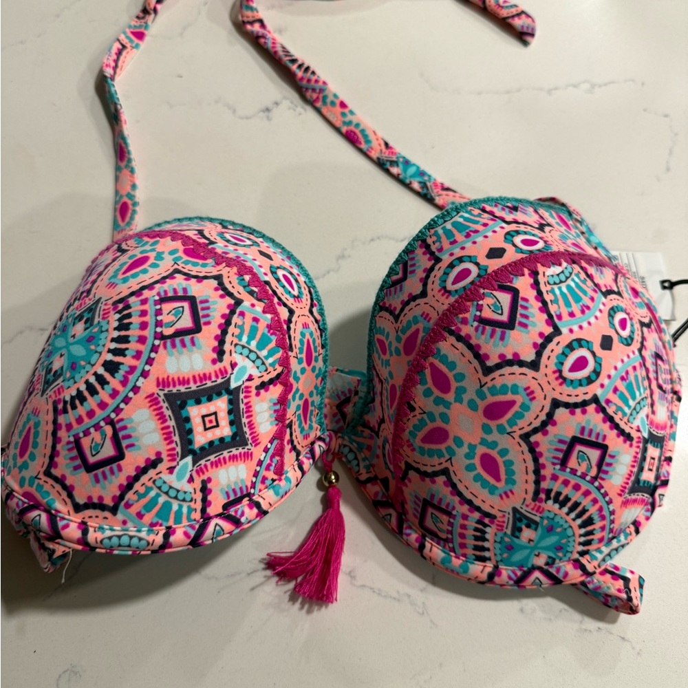 Shade & Shore - 34 DD Pink & Teal Padded Bikini Top with Tassel